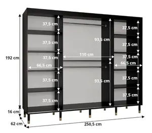 Bergen Contemporary 3 Sliding Door Wardrobe Gold Handles Marble Effect 9 Shelves 2 Rails Black (H)2080mm (W)2500mm (D)620mm