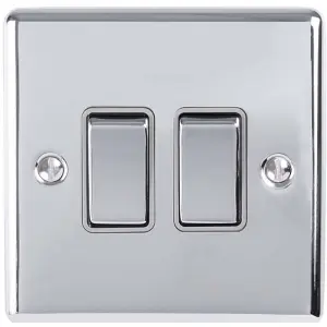 2 Gang Double Light Switch POLISHED CHROME 2 Way 10A GREY Trim & Metal Rocker