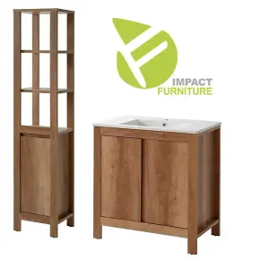 Bathroom Furniture Set: 800 Vanity Sink Cabinet with Basin Freestanding Tall Unit Oak Effect Classic