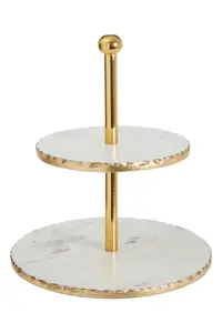 Maison by Premier 2 Tier White Marble And Gold Finish Cake Stand