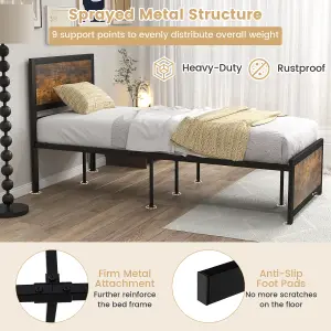 Costway Single Size Bed Frame Heavy-duty Industrial Metal Platform Bed w/High Headboard