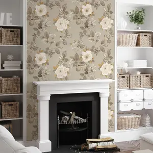 Belgravia Bramble Floral Beige Luxury Wallpaper Matt Finish Modern Living Room, Bedroom, Hallway, Feature Wall Beige - 2301