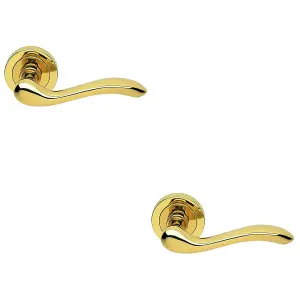 2 PACK - Premium Concealed Door Handle Set - Polished Brass Lever on Round Rose Scroll