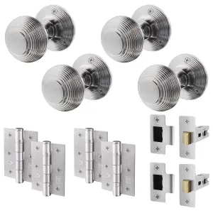 AFIT Beehive Door Knob Set Satin Chrome - 2 Pairs of Reeded Mortice Knobs (55mm), Latch (76mm) & Hinges (76mm) for Internal Doors