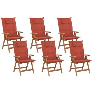 Set of 6 Garden Chairs with Cushions JAVA Acacia Wood Dark Red