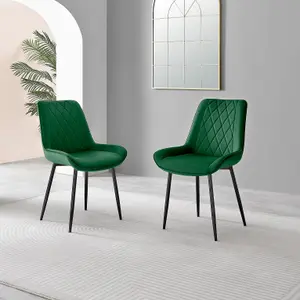 Furniturebox UK 2x Velvet Dining Chair - Pesaro Green Modern Velvet Chairs - Black Legs - Upholstered Pair Of Dining Room Chairs