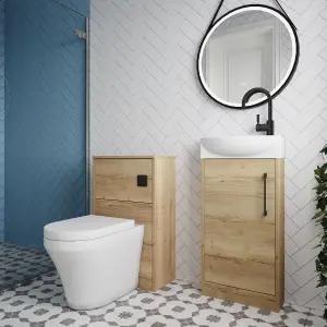 Cloakroom Suite - Left Hand 440mm Vanity, WC Unit, Toilet and Tap - Oak/Black