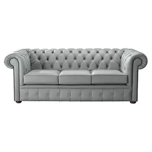 Chesterfield 3 Seater Shelly Moon Mist Grey Leather Sofa Bespoke In Classic Style