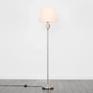 ValueLights Memphis Traditional Style Satin Nickel Barley Twist Floor Lamp with Pink Tapered Light Shade - with LED GLS Bulb