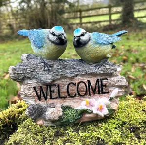 WELCOME sign ornament with BlueTits on old log, garden bird lover gift