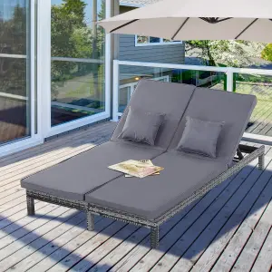 Outsunny 2 Person Rattan Lounger Adjustable Double Chaise Chair w/ Cushion Grey