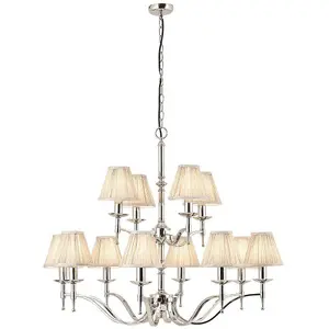 Avery Ceiling Pendant Chandelier Light 12 Lamp Bright Nickel & Beige Pleat Shade