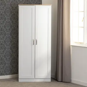 Portland 2 Door Wardrobe in White with Oak Effect Finish