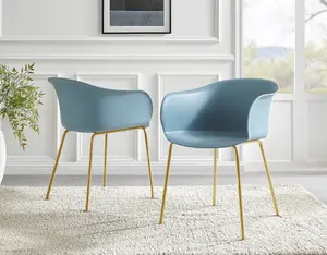 Furniturebox Set of 2 Harper Blue Scandinavian Inspired Moulded Plastic Bat Chair Minimalist Dining Chair with Gold Metal Legs