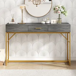 Console Table, Hallway Table with 1 Drawer, Light Luxury Style Side Table, Sofa Table, 120x38x76 cm, gray/gold 