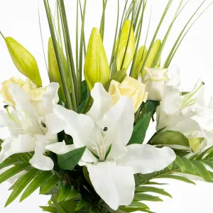 Artificial Flower Bouquet - Faux Palm Leaves, Lilies & Roses Handtied Arrangement