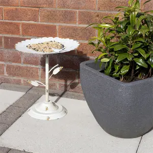 White Miniature Bird Bath or Seed Feeder - Metal Outdoor Garden Flower Design Water Bowl or Feeding Station - H36 x 31cm Diameter