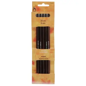 RWOOD KP DE 20CMX8.00 - Knitting Pins: Double-Ended: Set of 5: Rosewood: 20cm x 8.00mm - Pony