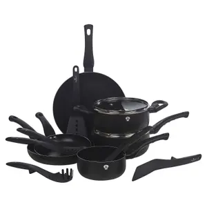 BLAUMANN 14 Pcs Matt Black Colour Cookware Pots Pans Set With Soft Touch Handles & Kitchen Tool Set