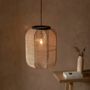 Luminosa Zaire Single Pendant Ceiling Lamp, Natural Linen, Matt Black