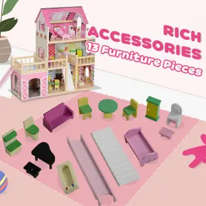 AIYAPLAY Dolls House with 13 Pieces Wooden Furniture and Accessories