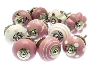 MangoTreeKnobs - Mixed Set of Pink & White Ceramic Cupboard Knobs/Door knobs/Drawer knobs x Pack 10