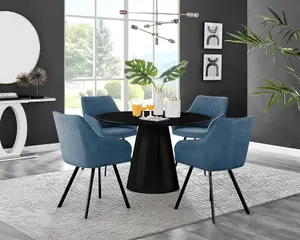 Furniturebox UK Palma Black Semi-Gloss Round Pedestal Dining Table & 4 Blue Fabric Falun Black Leg Chairs