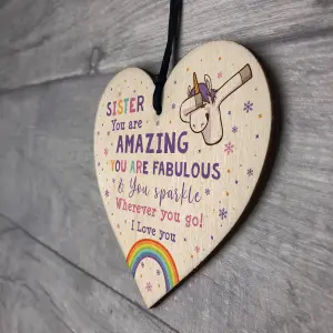 Novelty Sister Gift For Birthday Christmas Unicorn Plaque Wooden Heart From Brother