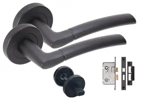 Golden Grace Indiana Style Modern Matt Black Finish Lever Latch Door Handles on Rose (Bathroom Set)