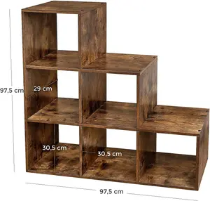 VASAGLE Shelves, Bookshelf, Bookcase, Stair Shelf, Divider, Storage Furniture, 6 Compartments, Rustic Brown