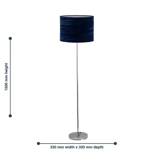 First Choice Lighting Chrome Stick Floor Lamp with Navy Blue Crushed Velvet Shade