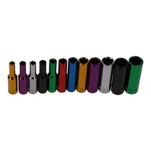 12pc Coloured 1/4" Dr Deep Sockets 6 Point Hex Metric 4 - 13mm With Rail