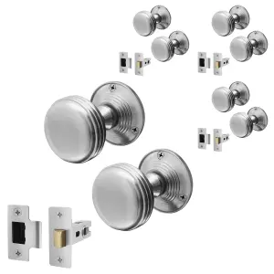 AFIT Lined Door Knob Set Satin Chrome - 4 Pairs of Mortice Knobs (55mm) & Latch (76mm) for Internal Doors