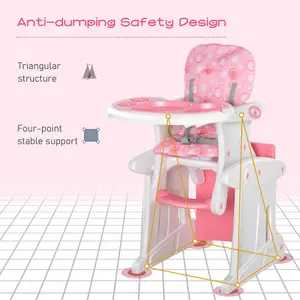 HOMCOM 3-in-1 Convertible Baby High Chair Booster Seat w/ Removable Tray Pink