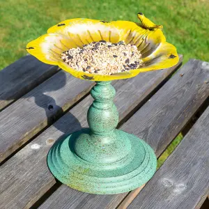 Flower Design Mini Bird Bath or Seed Feeder - Weather Resistant Metal Outdoor Garden Pedestal Water Bowl - H26.5 x 24.5cm Dia