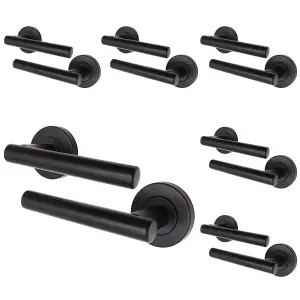 AFIT Matt Black Internal Door Handle - 6 Pairs Matt Black Lever on Rose Round T-Bar Handles- Olvera Range