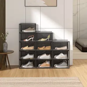 Set of 12 Clear Plastic Stackable Foldable Shoe Storage Box Organiser 34cm W x 24cm D x 18cm H