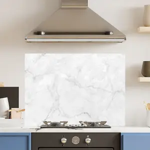 Premium 90cm x 65cm 6mm Glass Veiny White Marble Kitchen Splashback Toughened Polished Edge