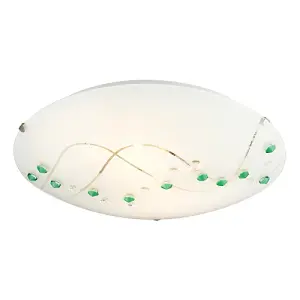 Contemporary Round Opal Glass Ceiling Light with Green and Clear Crystal Buttons