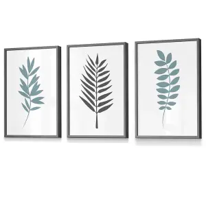 Set of 3 Graphical Blue Grey Leaves Wall Art Prints / 30x42cm (A3) / Dark Grey Frame