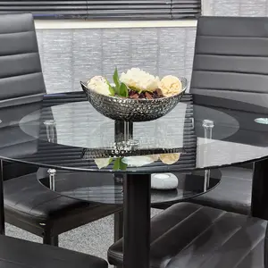 Round Glass Black Kitchen Dining Table With Storage Shelf And 4 Black Metal Chairs Set