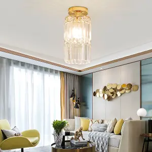 Modern Chandelier Cylindrical Droplet Crystal Shade Gold Base Mount Ceiling Light Fixture