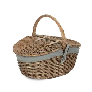 Small Wicker Picnic Basket with Lining Antique Wash/Grey Lining / 19cm H x 35cm W x 42cm D