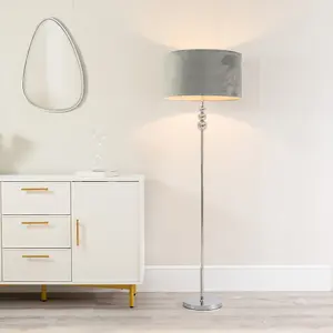 ValueLights Marissa Chrome Stacked Ball Floor Lamp with Grey Velvet Shade - LED Bulb Included