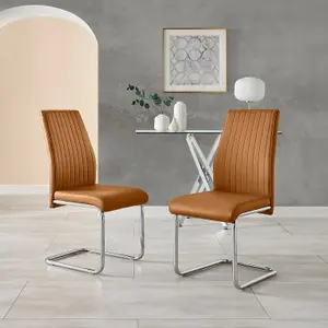 Furniturebox UK Lorenzo 2x Tan Faux Leather Silver Leg Dining Chair