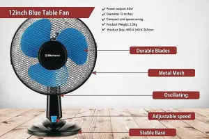 Belaco 12" Desk Fan - Table Fan -  Blue / Black