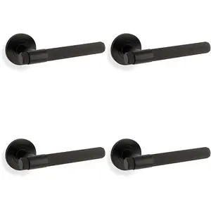 4 PACK - SOLID BRASS Knurled Door Handle Set - Matt Black Bar Lever on Round Rose