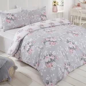 Dreamscene English Rose Duvet Cover with Pillow Case Bedding Set, Grey - Double