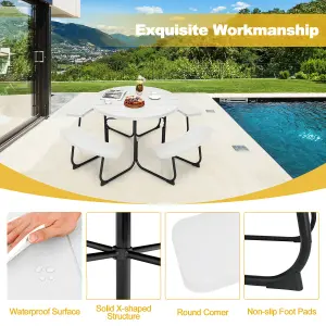 Costway 4 Benches Round Picnic Table Bench Set Outdoor Circular Camping Table W/ Umbrella Hole, White