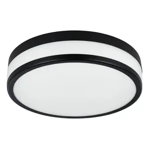 EGLO Palermo LED Glass/Black Steel Flush Bathroom Ceiling Light